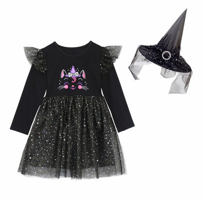HILEELANG Toddler Girls Halloween Dress 2–7Y, Long Sleeve Pumpkin Ghost Black Cat Print Tulle Skirt with Witch Hat