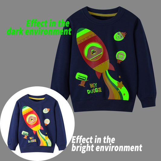 HILEELANG Toddler Boy Navy Sweatshirts Halloween Rocket Graphic Glow in the Dark Crewneck Long Sleeve Pullover Cotton Top Sweater Shirts