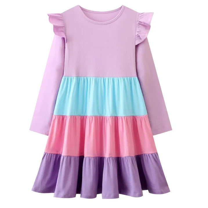 HILEELANG Toddler Girl Long Sleeve Dress Ruffle Solid Color Cotton Casual Tiered Pleated Twirly Dress