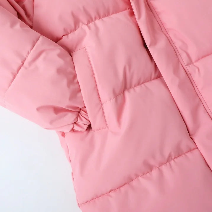 HILEELANG Girls Light Pink Mid-Length Puffer Coat – Warm Quilted Winter Jacket with Cute Bear Ear Hood, Lightweight Padded Outerwear for Kids
