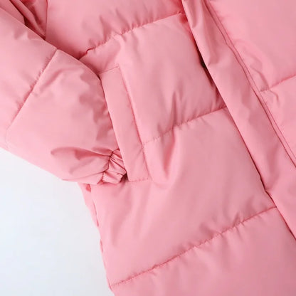 HILEELANG Girls Light Pink Mid-Length Puffer Coat – Warm Quilted Winter Jacket with Cute Bear Ear Hood, Lightweight Padded Outerwear for Kids
