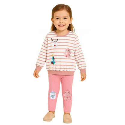 HILEELANG Toddler Girl Christmas Sweatshirt and Leggings Set （Age:2-7Y) – Long SleevePink Stripe XMAS Pullover and Pinink Pants, Fall Winter for Kids