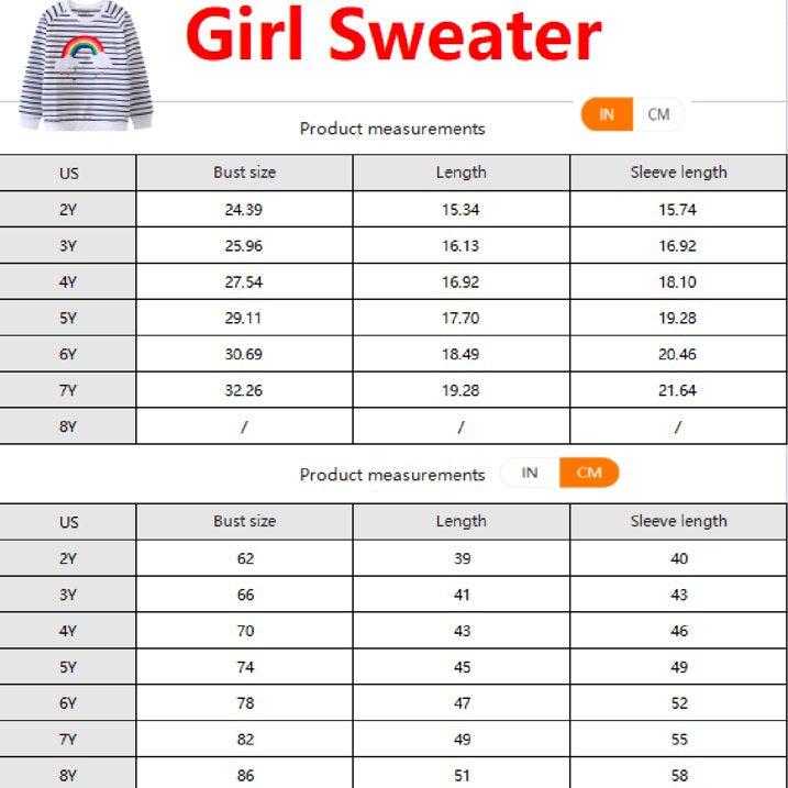 HILEELANG Toddle Girl Sweatshirts Black and White Rainbow Cotton Casual Round Neck Long Sleeve Pullover Tops Sweater Shirt