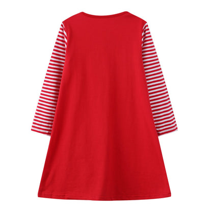 HILEELANG Toddler Girl Christmas Dress Red Rabbit Bunny Christmas Tree Applique Long Sleeve Cotton Casual Dresses
