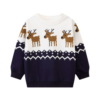 HILEELANG Toddler Boy(2-8Y) Sweatshirts Christmas Navy Blue Graphic Elk Pullover Cotton Crewneck Clothes