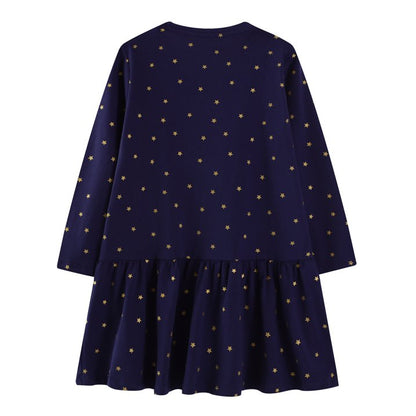 HILEELANG 100% Cotton Girls Long Sleeve Dress with NavyUnicorn ,NavyStripeDog,StripeStrawberry and FloralPumpkin – Ages