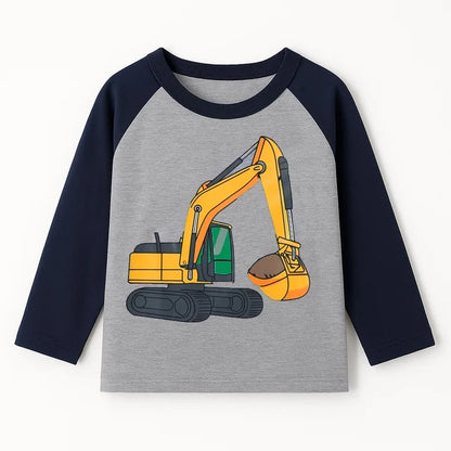 HILEELANG Toddler Boys（2Y-7Y) Shirt 3-Pack Excavator Graphic Long-Sleeve Tees Winter Cotton Casual Crewneck T-Shirts
