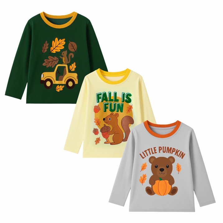 HILEELANG Toddler Boys（2Y-7Y) Shirt Halloween 3-Pack Squirrel Pumpkin Graphic Long-Sleeve Tees Winter Cotton Casual Crewneck T-Shirts