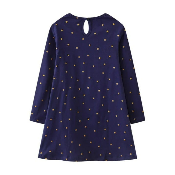 HILEELANG Toddler Girl Christmas Dress Navy Blue Dot Santa Elk Deer Long Sleeve Cotton Casual Holiday Dresses