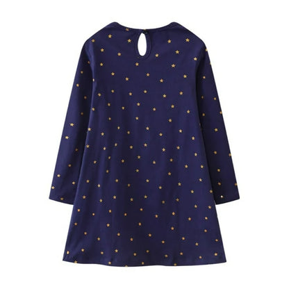 HILEELANG Toddler Girl Christmas Dress Navy Blue Dot Santa Elk Deer Long Sleeve Cotton Casual Holiday Dresses
