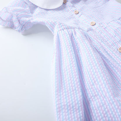 HILEELANG 2-7T Toddler/Little Girls Pastel Blue Pink Lavender Stripe 100% Cotton Dress