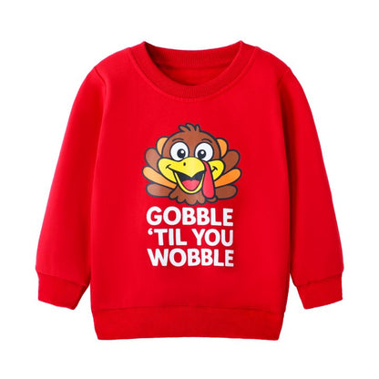 HILEELANG Kids Thanksgiving Sweatshirt, Cotton Pullover Top with Turkey Print Gobble Til You Wobble, Unisex Fall Holiday Long Sleeve Shirt for Toddler Boys Girls