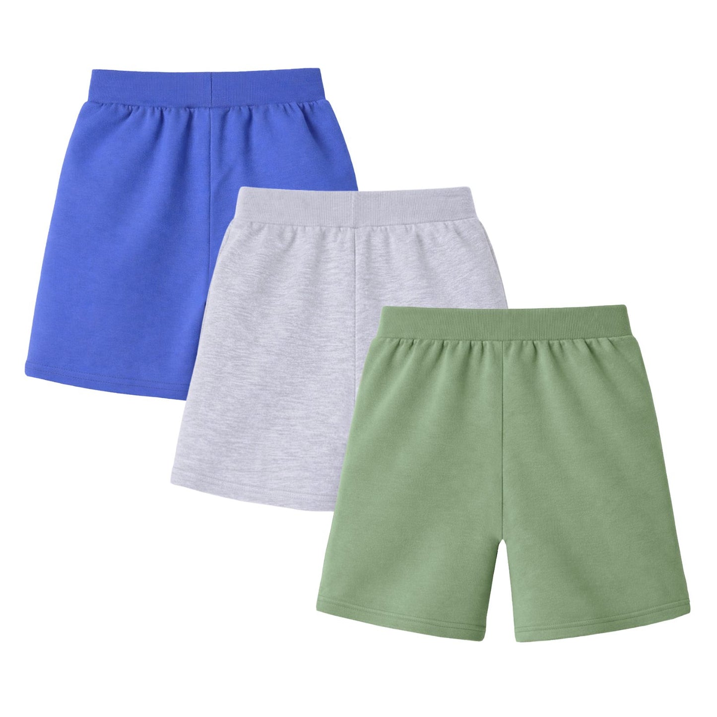 HILEELANG Toddler Boys' Cotton Shorts 3-Pack with Pockets, Grey/Green/Blue