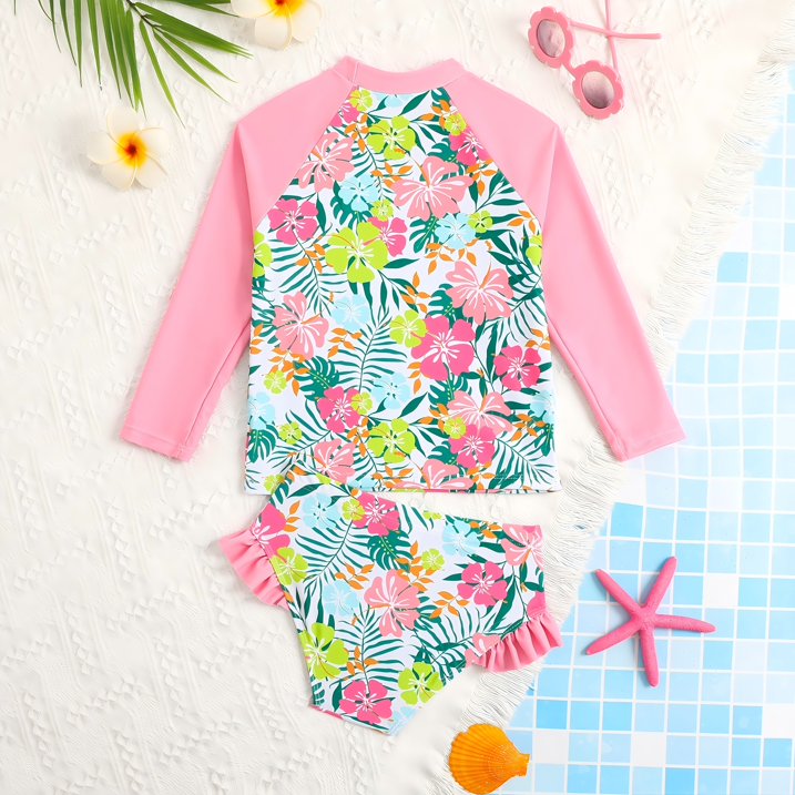 HILEELANG 3-8T Toddler/Little Girls Pink Tropical Floral Rashguard Swimsuit