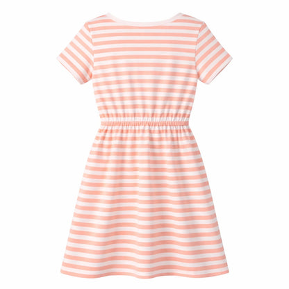 HILEELANG 4–13 Little/Big Girls Pink White Stripe Casual Short Sleeve Dress with Waist Tie