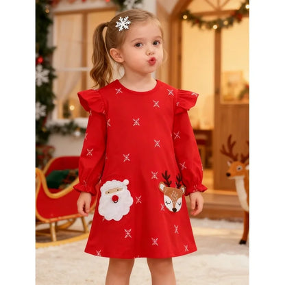 HILEELANG Toddler Girl Christmas Dress Red Ruffle Long Sleeve Cotton Casual Santa Claus Elk Applique Dresses