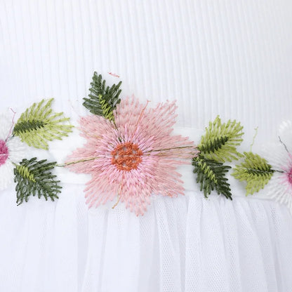 HILEELANG Toddler Little Girls White Tulle Dress, Floral Embroidered Flutter Sleeve Flower Girl Dress for Wedding Birthday Picture Day