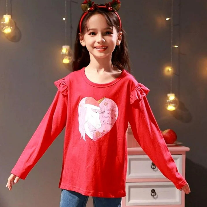 Toddler Girl Long Sleeve Shirts Christmas Ruffle Red Unicorn Green Snowman Cotton Casual Crewneck Jersey Tunic T-Shirts 3 Packs