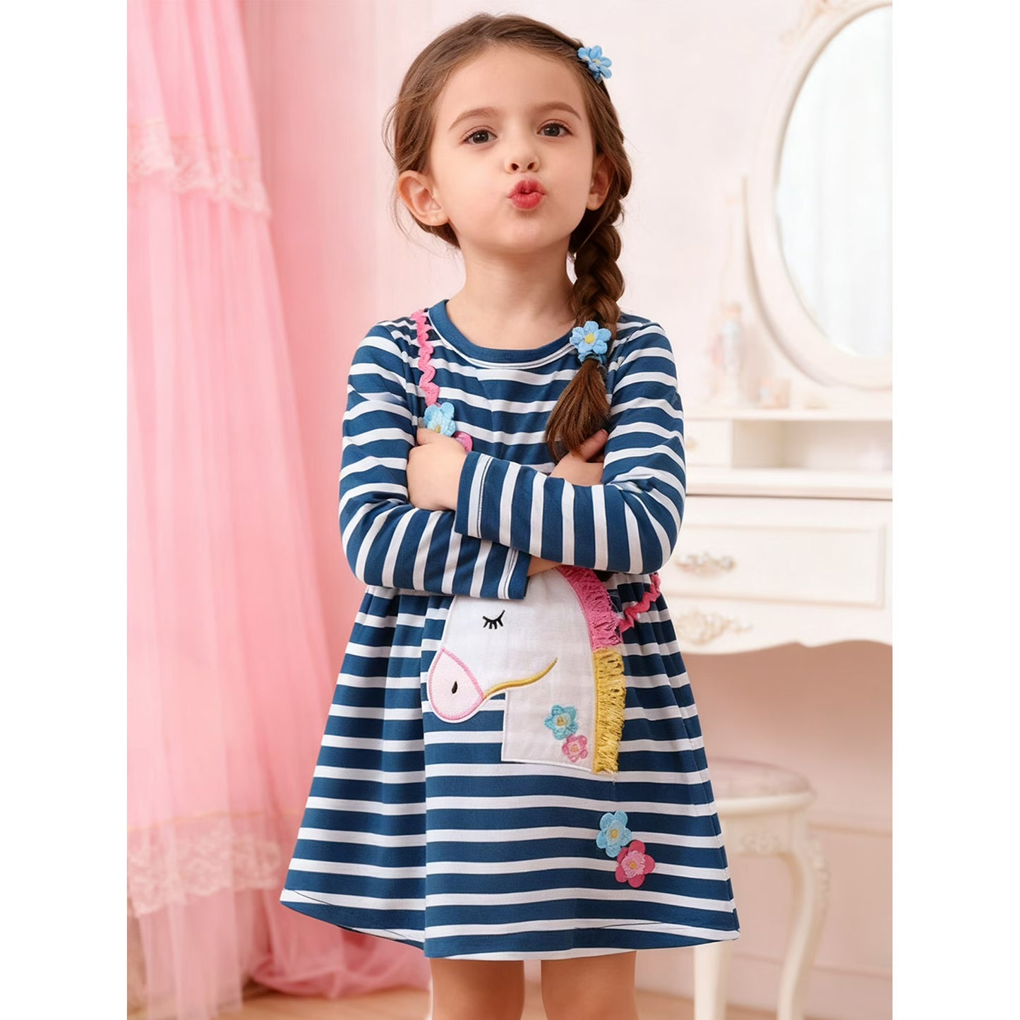 HILEELANG Toddler Girls Long Sleeved Dresses Christmas Winter Cotton Casual Cute Stripe Unicorn Cartoon Pattern Dress