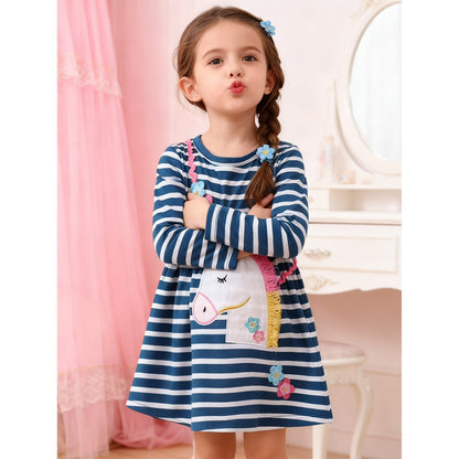 HILEELANG Toddler Girls Long Sleeved Dresses Christmas Winter Cotton Casual Cute Stripe Unicorn Cartoon Pattern Dress