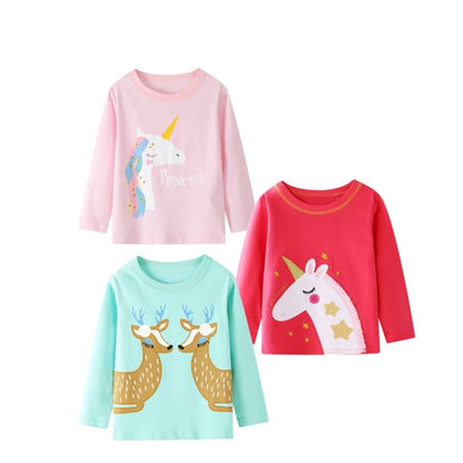Toddler Girl Long Sleeve Tee Shirt 3 Pack Unicorn Elk Reindeer Graphic Winter Cotton Casual Crewneck T-Shirts