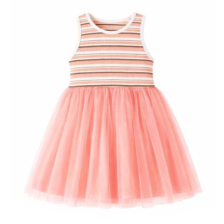 HILEELANG 2-7T Toddler Little Girls Striped Ribbed Tulle Dress, Sleeveless Peach Tutu Sundress for Summer