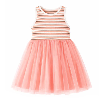 HILEELANG 2-7T Toddler Little Girls Striped Ribbed Tulle Dress, Sleeveless Peach Tutu Sundress for Summer
