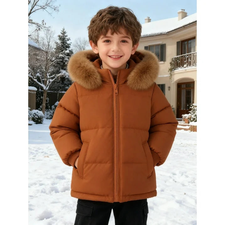 HILEELANG Toddler Baby Kids Winter Puffer Jacket with Detachable Hood and Faux Fur Trim – Warm Windproof Water-Resistant Coat for Boys and Girls