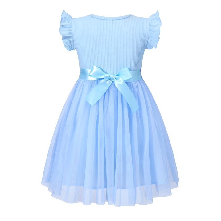 HILEELANG Toddler Little Girls Blue Tulle Dress, Floral Embroidered Flutter Sleeve Summer Party Tutu Dress