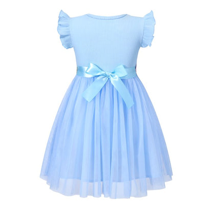 HILEELANG Toddler Little Girls Blue Tulle Dress, Floral Embroidered Flutter Sleeve Summer Party Tutu Dress