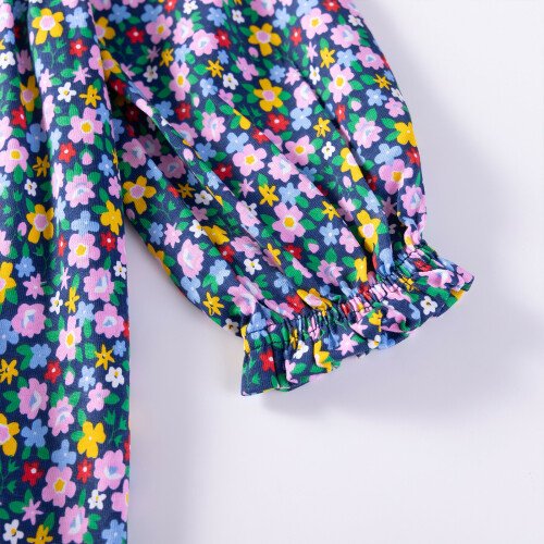 HILEELANG Toddler Girls Cotton Dress 2-7T, 100% Soft Cotton, Long Sleeve Floral Print Smocked Dress for Everyday Wear