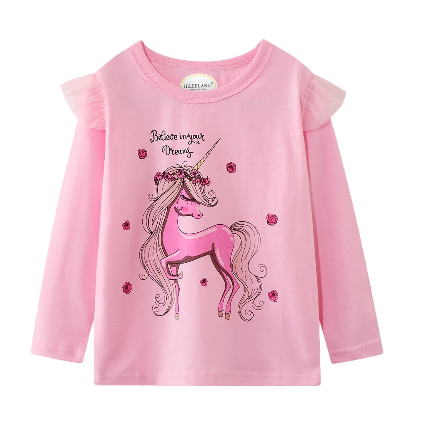 Toddler Girl Long Sleeve Shirts Christmas Ruffle Pink Red Unicorn Graphic Cotton Casual Crewneck Jersey Tunic T-Shirts 3 Packs