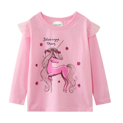 Toddler Girl Long Sleeve Shirts Christmas Ruffle Pink Red Unicorn Graphic Cotton Casual Crewneck Jersey Tunic T-Shirts 3 Packs