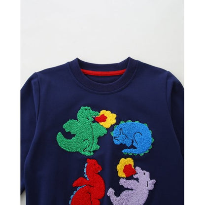 HILEELANG Toddler Boys（2-7Y) 2-Piece Outfit Set,3D Appliqué Dinosaur Patch Sweatshirt and Jogger Pants, Cozy Fall Spring Tracksuit