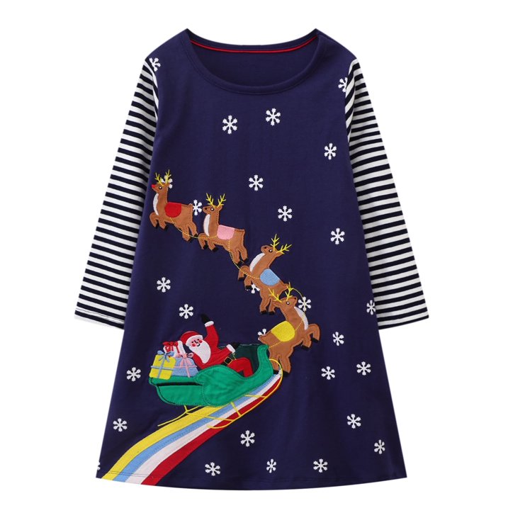 HILEELANG Toddler Girl Christmas Dress Navy Blue Santa Claus Christmas Elk Sleigh Snowflakes Cotton Casual Long Sleeve Dresses