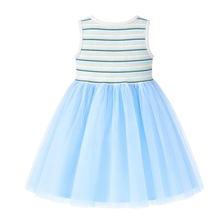 HILEELANG 2-7T Toddler Little Girls Rainbow Striped Ribbed Tulle Dress, Sky Blue Sleeveless Casual Sundress