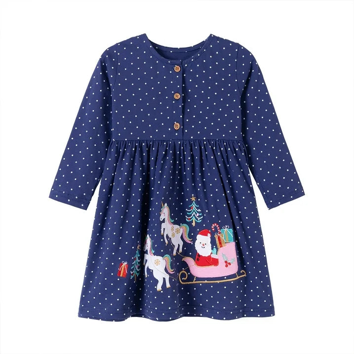 HILEELANG Girls Christmas Dress Long Sleeve Holiday Outfit with Santa Sleigh and Unicorn Applique-Winter Casual Cotton Dresses for Toddler Kids