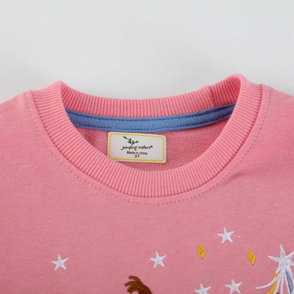 HILEELANG Toddler Girls（2-7Y) Sweatshirt Falling Shoulder Sleeve Pullover Crewneck Cotton Top Cute Dance Girl Embroidery Fall Winter Clothes