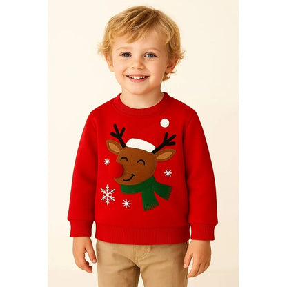 HILEELANG Kids Christmas Sweatshirt, Cotton Pullover Top with Reindeer Appliqué, Unisex Holiday Long Sleeve Shirt for Toddler Boys Girls