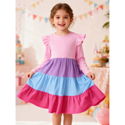 HILEELANG Toddler Girl Long Sleeve Dress Ruffle Solid Color Cotton Casual Tiered Pleated Twirly Dress