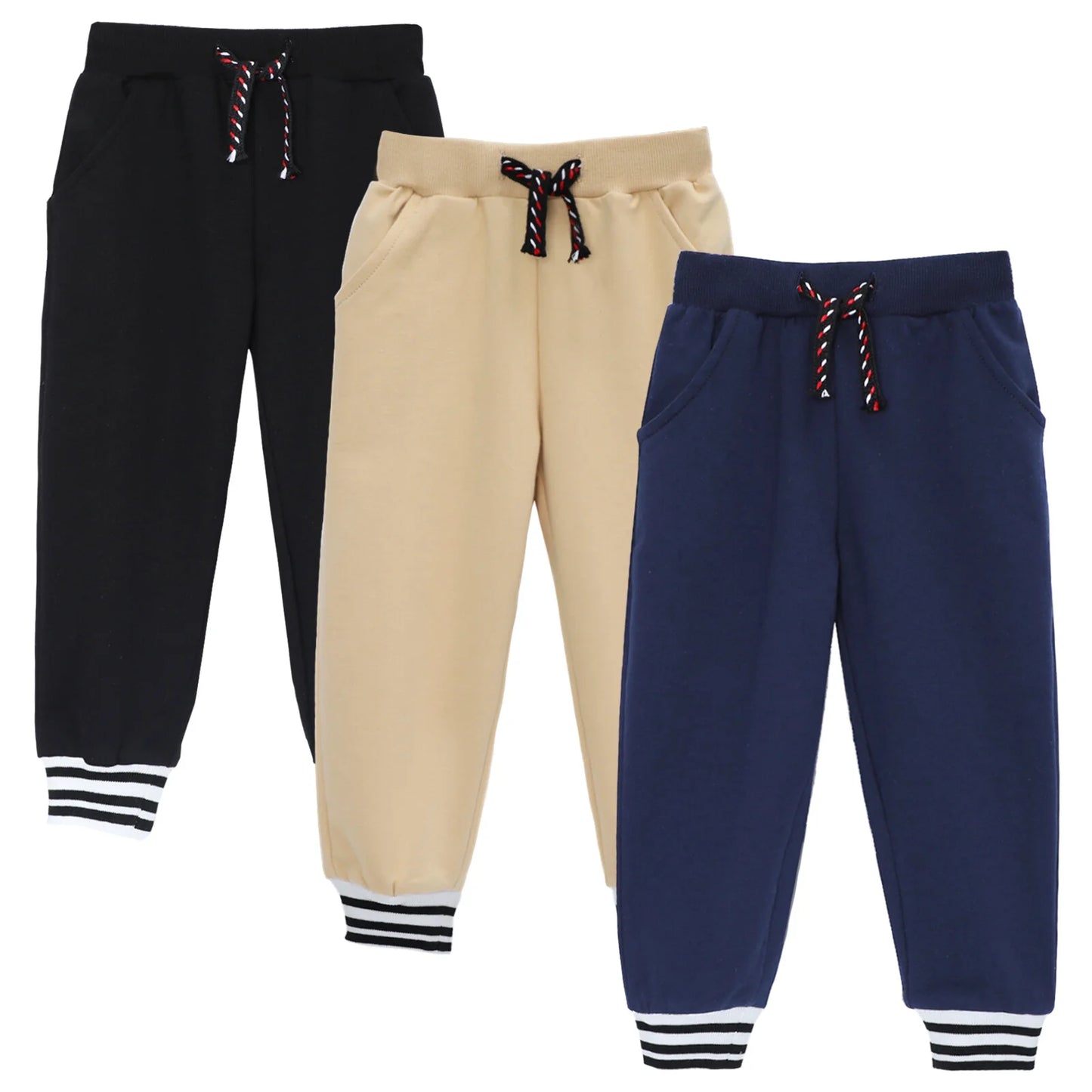 HILEELANG Toddler Boys Jogger Sweatpants 3-Pack, 100% Cotton French Terry Pants with Drawstring and Pockets,colors—black, Khaki, and navy