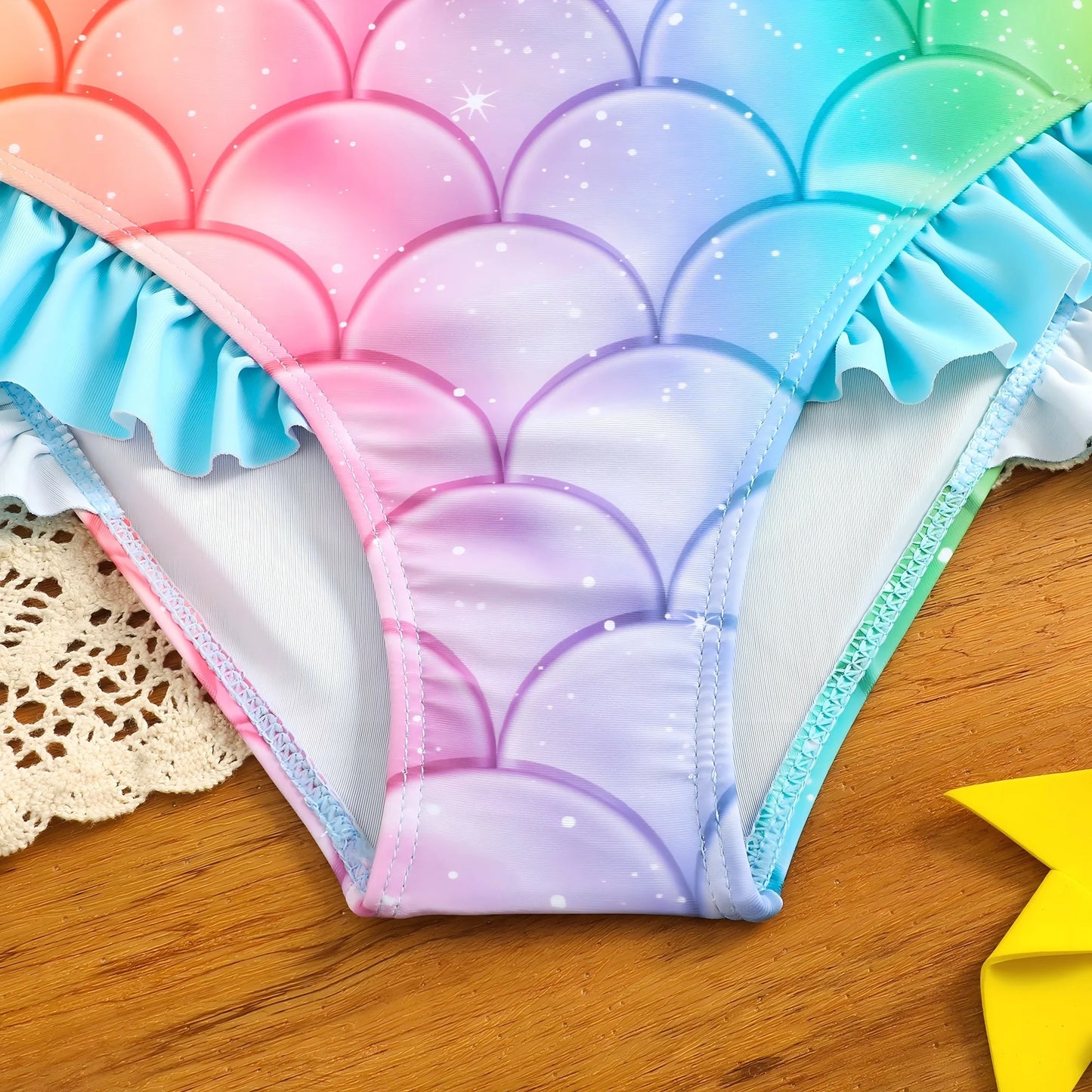 HILEELANG 3-8T Toddler/Little Girls Light Blue Rainbow Mermaid Scales Rashguard Swimsuit