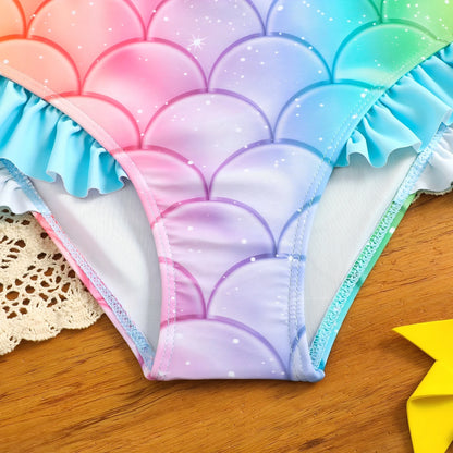 HILEELANG 3-8T Toddler/Little Girls Light Blue Rainbow Mermaid Scales Rashguard Swimsuit