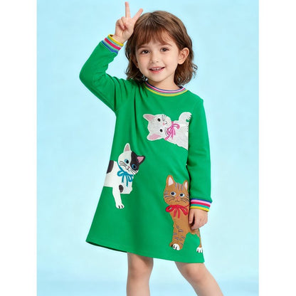 HILEELANG Toddler Girls Long Sleeved Dresses Christmas Winter Cotton Casual Cute Green Cat Cartoon Pattern Dress