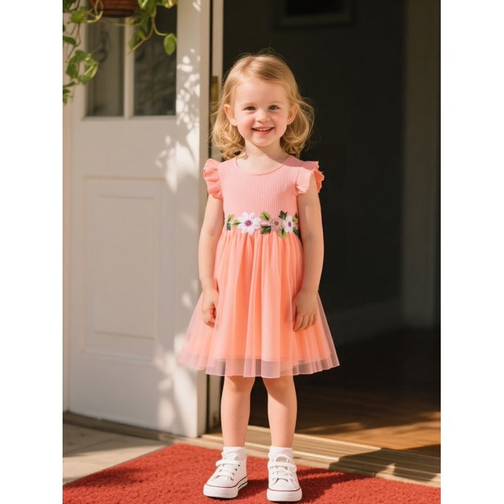 HILEELANG Toddler Little Girls Pink Tulle Dress, Floral Embroidered Flutter Sleeve Summer Birthday Party Dress