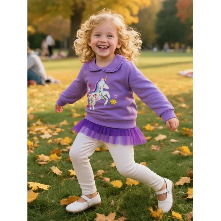 HILEELANG Toddler Girl Sweatshirt and Leggings Set （Age:2-7Y) – Long Sleeve Purple Unicorn Pullover with Collar and Off white Pants, Fall Winter Outfit for Kids