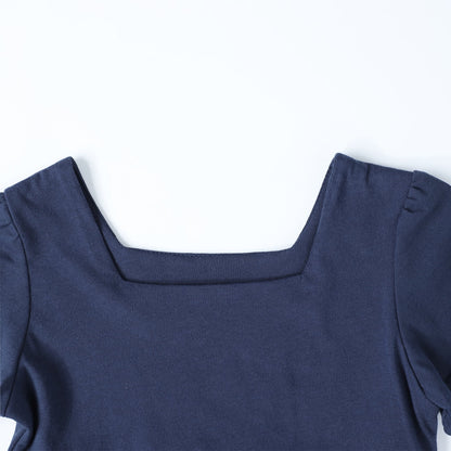 HILEELANG Toddler Girls 2-8T 100% Cotton Tiered Dress Solid Navy Short Sleeve Casual Dress