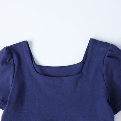 HILEELANG Toddler Girls 2-8T 100% Cotton Tiered Colorblock Dress Navy Colorblock Short Sleeve Casual Dress