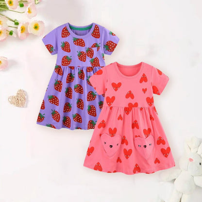 HILEELANG Toddler Little Girls 2 Pack Short Sleeve Dresses, Soft Cotton Summer Play Dress Set for Vacation Birthday Everyday Wear