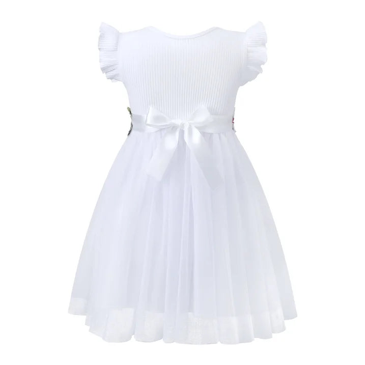 HILEELANG Toddler Little Girls White Tulle Dress, Floral Embroidered Flutter Sleeve Flower Girl Dress for Wedding Birthday Picture Day